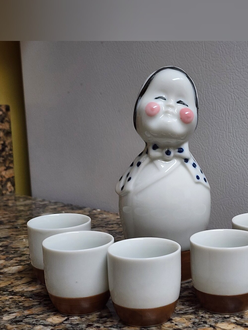 Vintage Okame & Hyottoko Ceramic Sake Set - 6 Piece Tokkuri & Cups - Stamped CBC